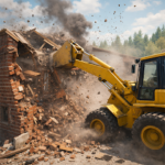 Heavy excavator destroying airport building in City Airport Tear Down 3D demolition simulator game