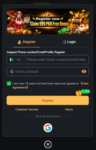 K77Slot Game APK Registration Page 