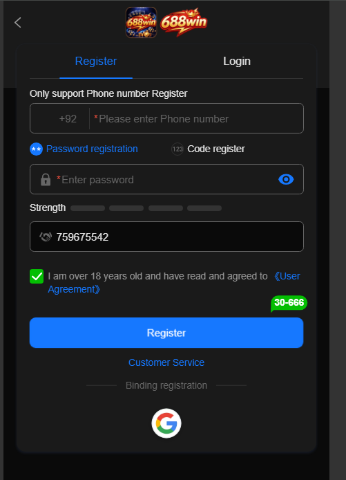 668 Win Game APK Mobile Version Registration Page 
