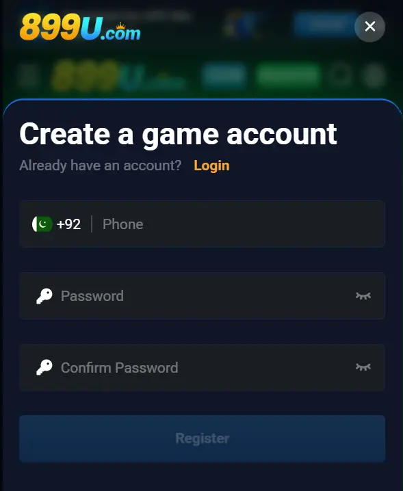 899U Game APK Registration page